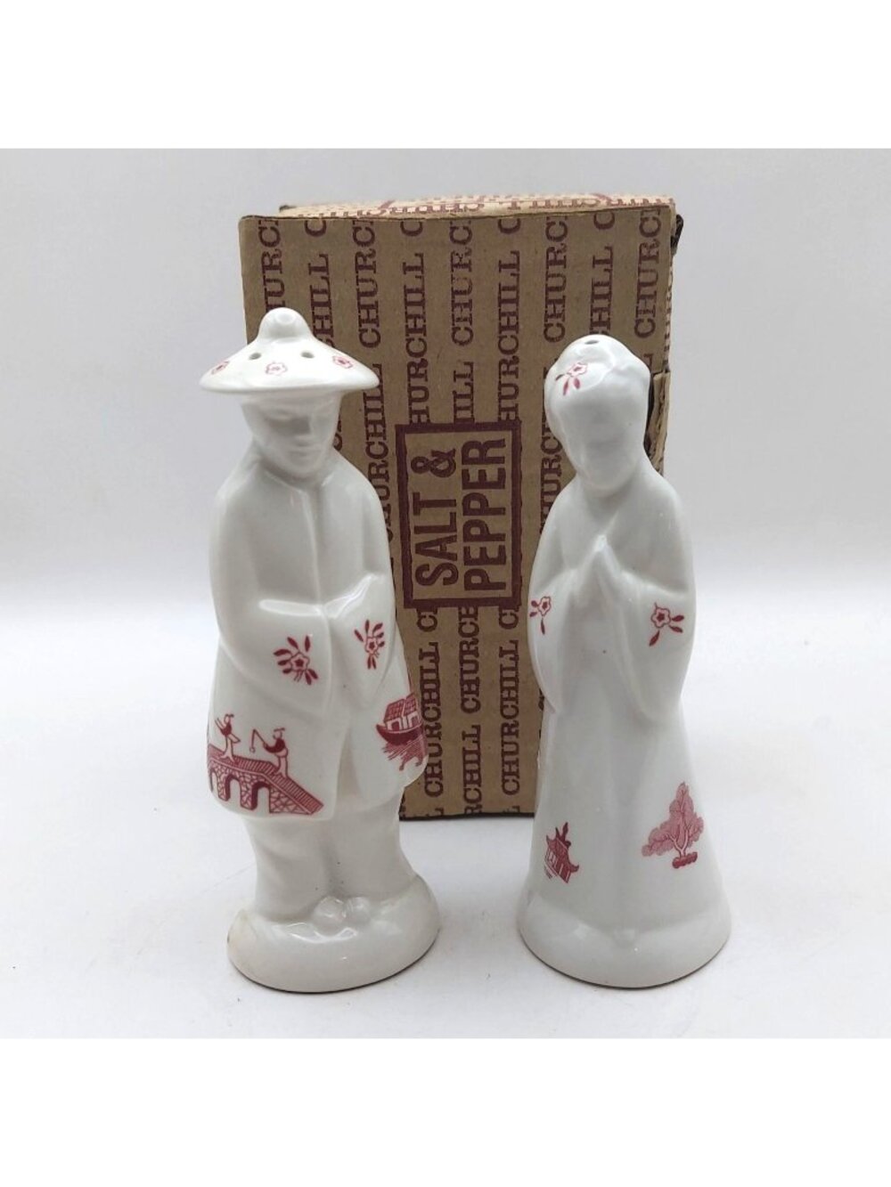 Churchill Porcelain Willow Rosa Pink Salt Pepper Shaker Set England Chinoiserie